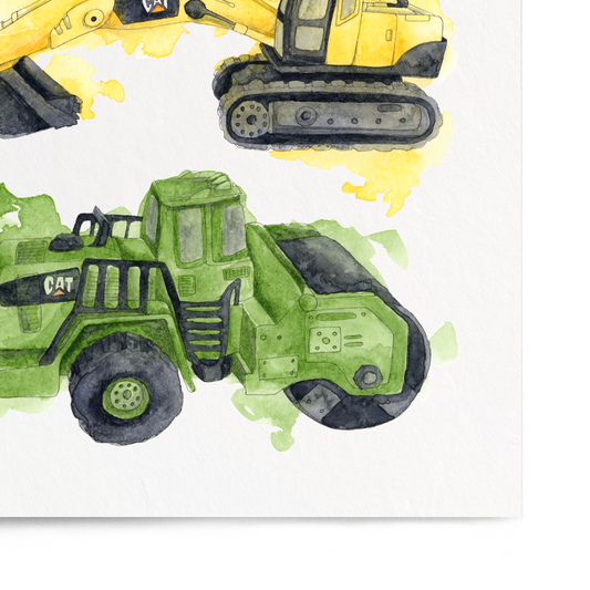 Illustration of three construction vehicles on a white background
