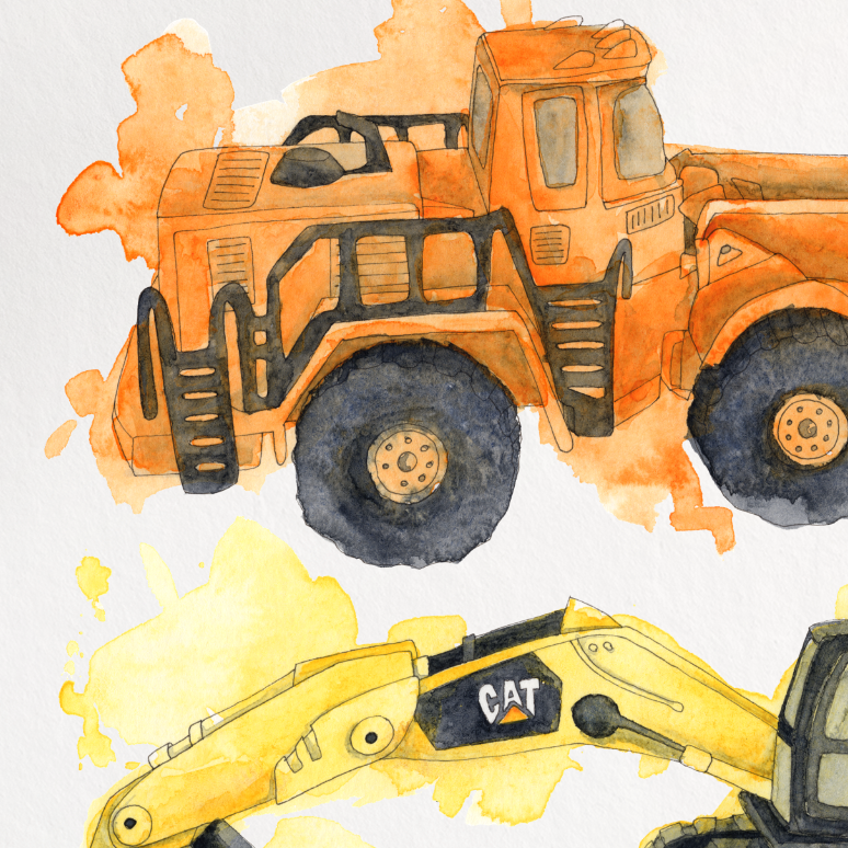 Illustration of three construction vehicles on a white background