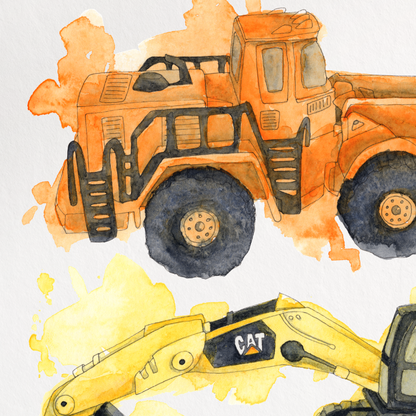 Illustration of three construction vehicles on a white background