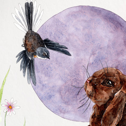 Illustration of a brown rabbit and black cat under a purple moon in a grassy field.