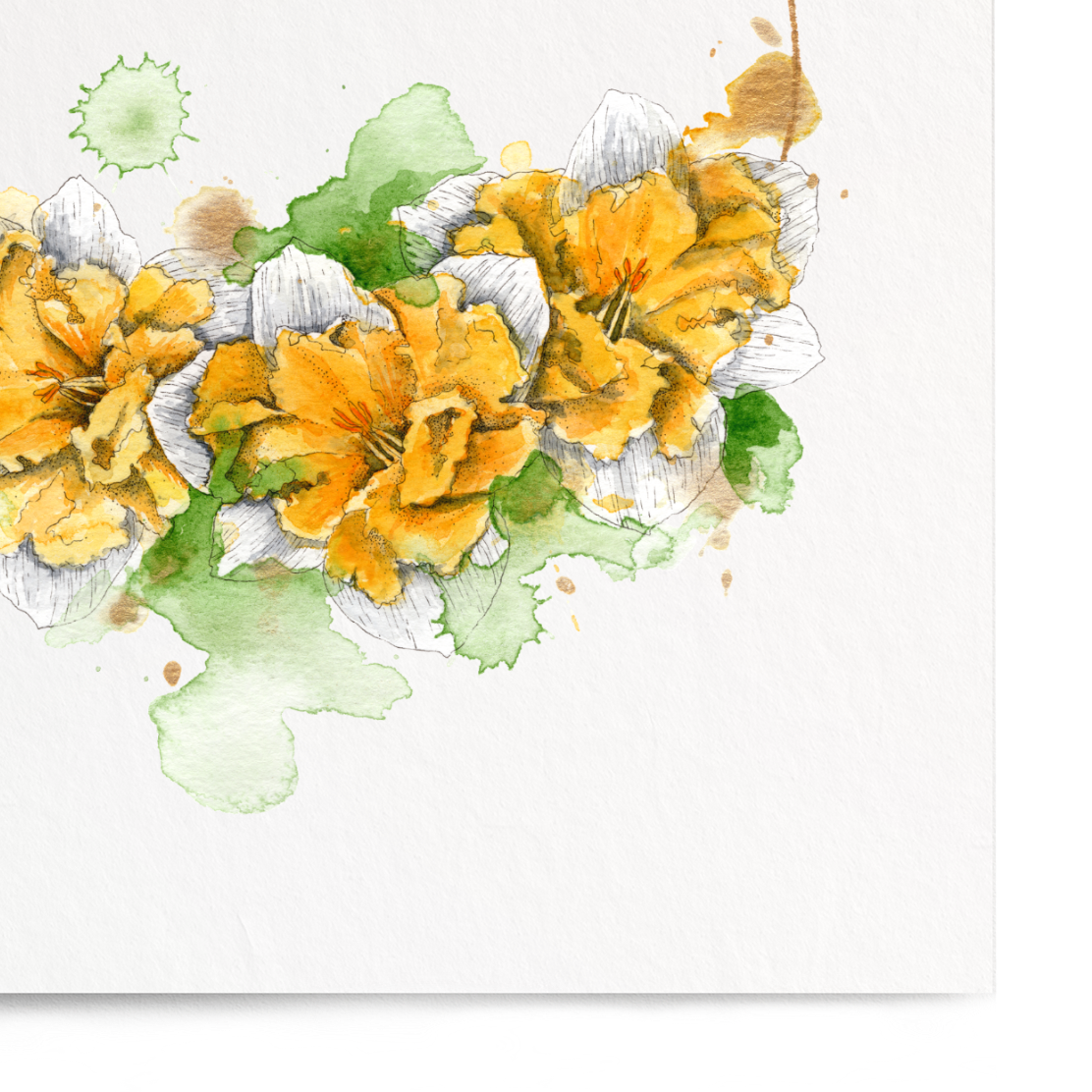 Floral design with yellow flowers and green leaves on a white background