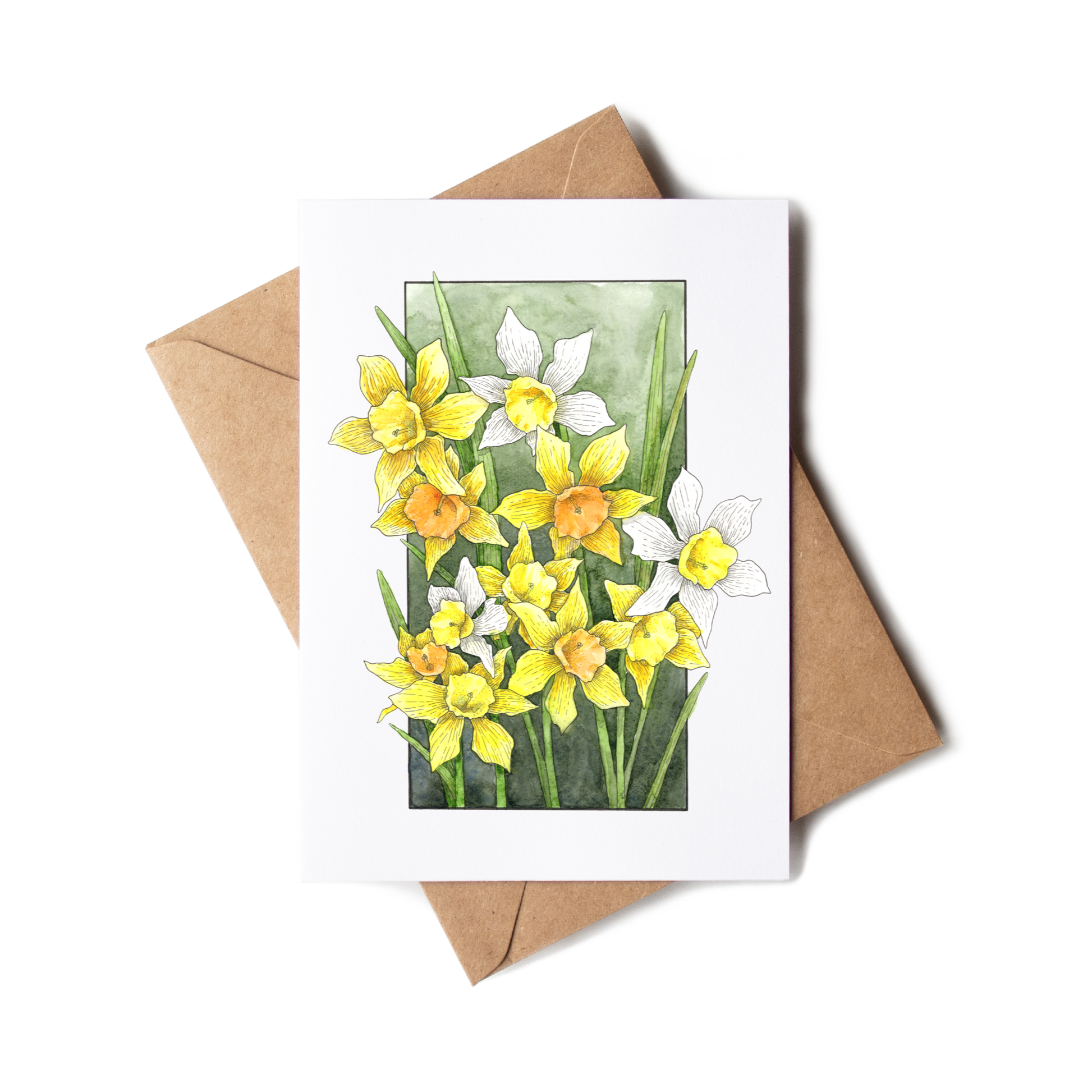 Greeting card with daffodil illustration and brown envelope on white background