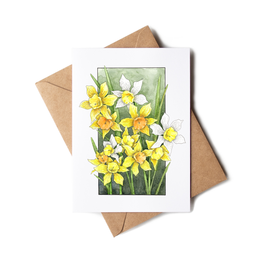 Greeting card with daffodil illustration and brown envelope on white background
