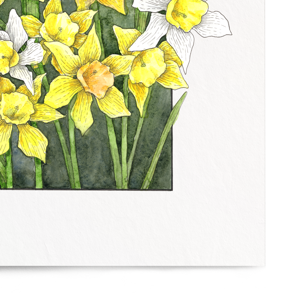 Framed artwork of yellow and white flowers on a white background