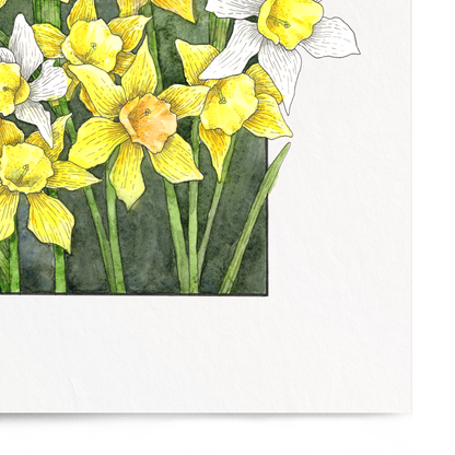 Framed artwork of yellow and white flowers on a white background