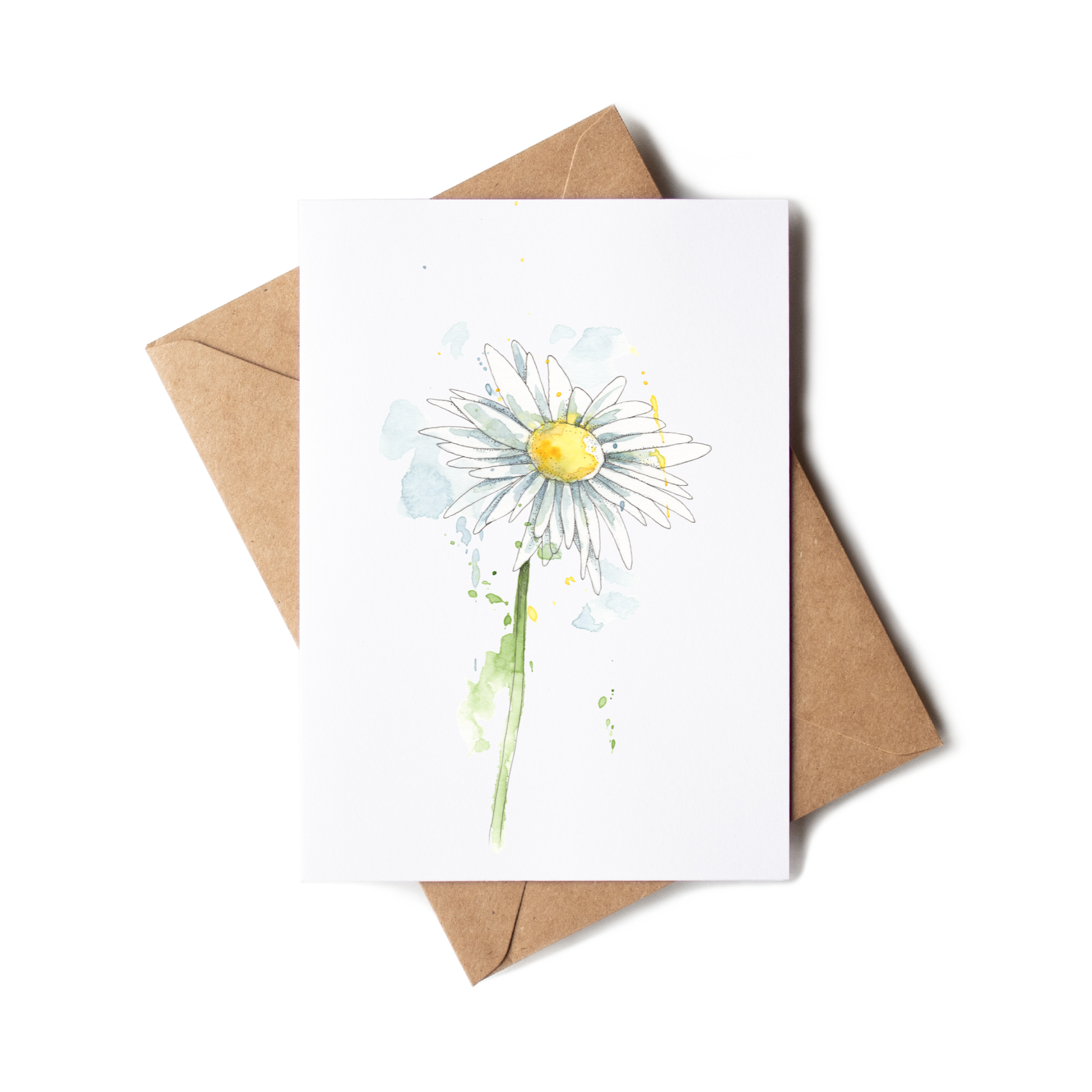 Greeting card with a daisy illustration on a white background