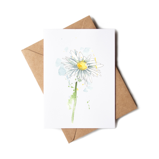 Greeting card with a daisy illustration on a white background