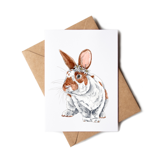 Greeting card with a rabbit illustration on a white background