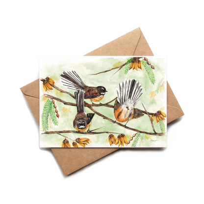 Card with bird illustration on a branch and envelope