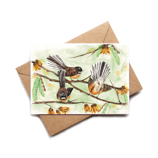 Card with bird illustration on a branch and envelope
