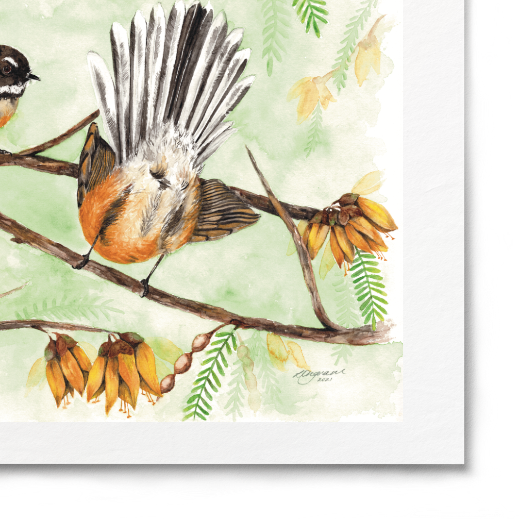 Illustration of three birds on a branch with leaves and flowers on a white background