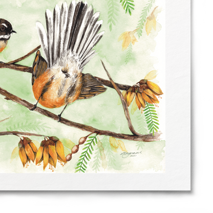 Illustration of three birds on a branch with leaves and flowers on a white background