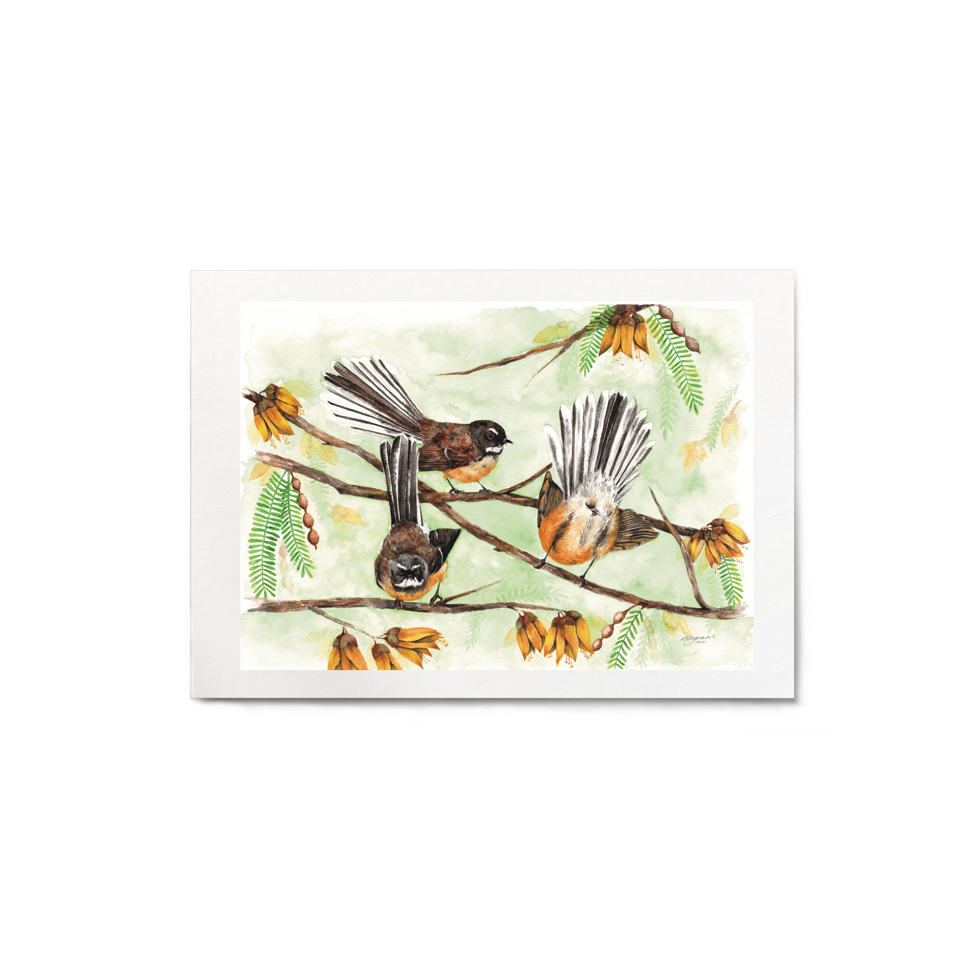 Illustration of three birds on a branch with leaves and flowers on a white background