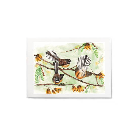 Illustration of three birds on a branch with leaves and flowers on a white background