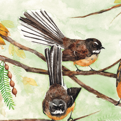 Illustration of three birds on a branch with green leaves and yellow flowers on a white background