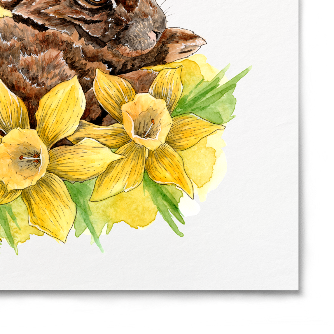 Illustration of a rabbit surrounded by yellow flowers on a white background