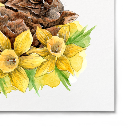 Illustration of a rabbit surrounded by yellow flowers on a white background