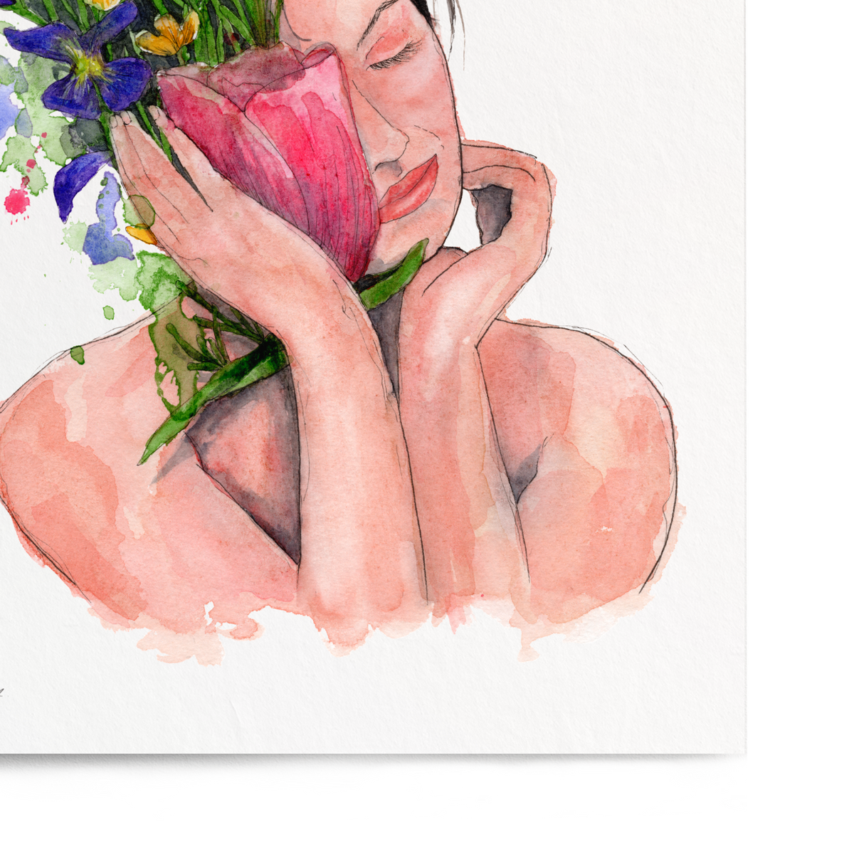 Artistic illustration of a woman holding flowers with a white background