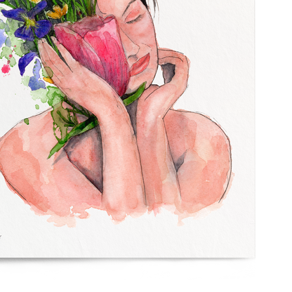 Artistic illustration of a woman holding flowers with a white background