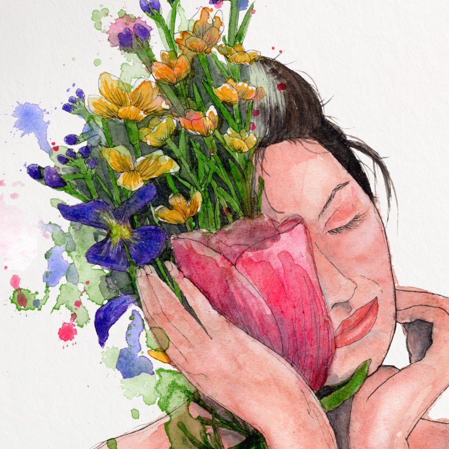 Artistic illustration of a woman holding flowers with a white background