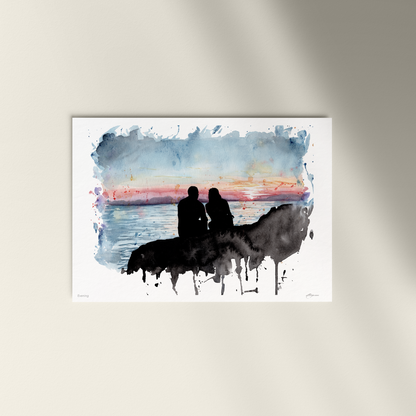 Abstract painting with blue, black, and pink strokes on a white background
