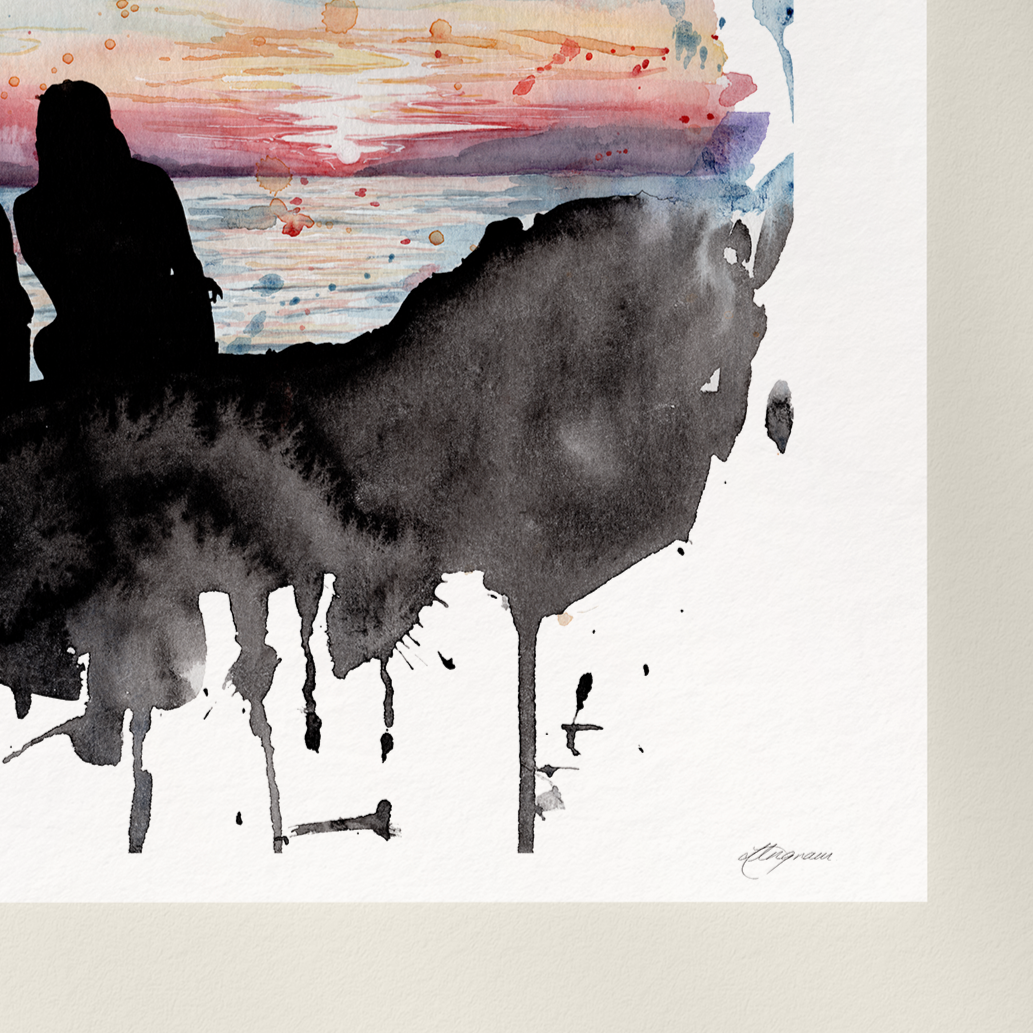 Abstract painting with blue, black, and pink strokes on a white background