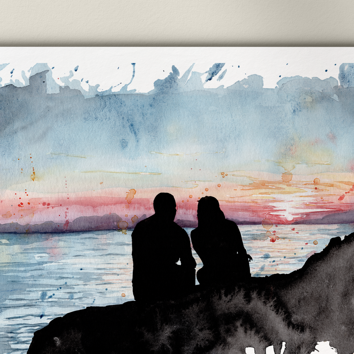 Abstract painting with blue, black, and pink strokes on a white background