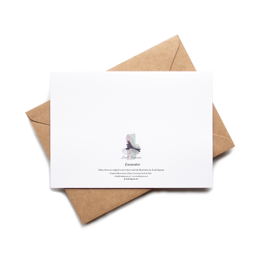 White card with a small illustration on a brown envelope against a white background