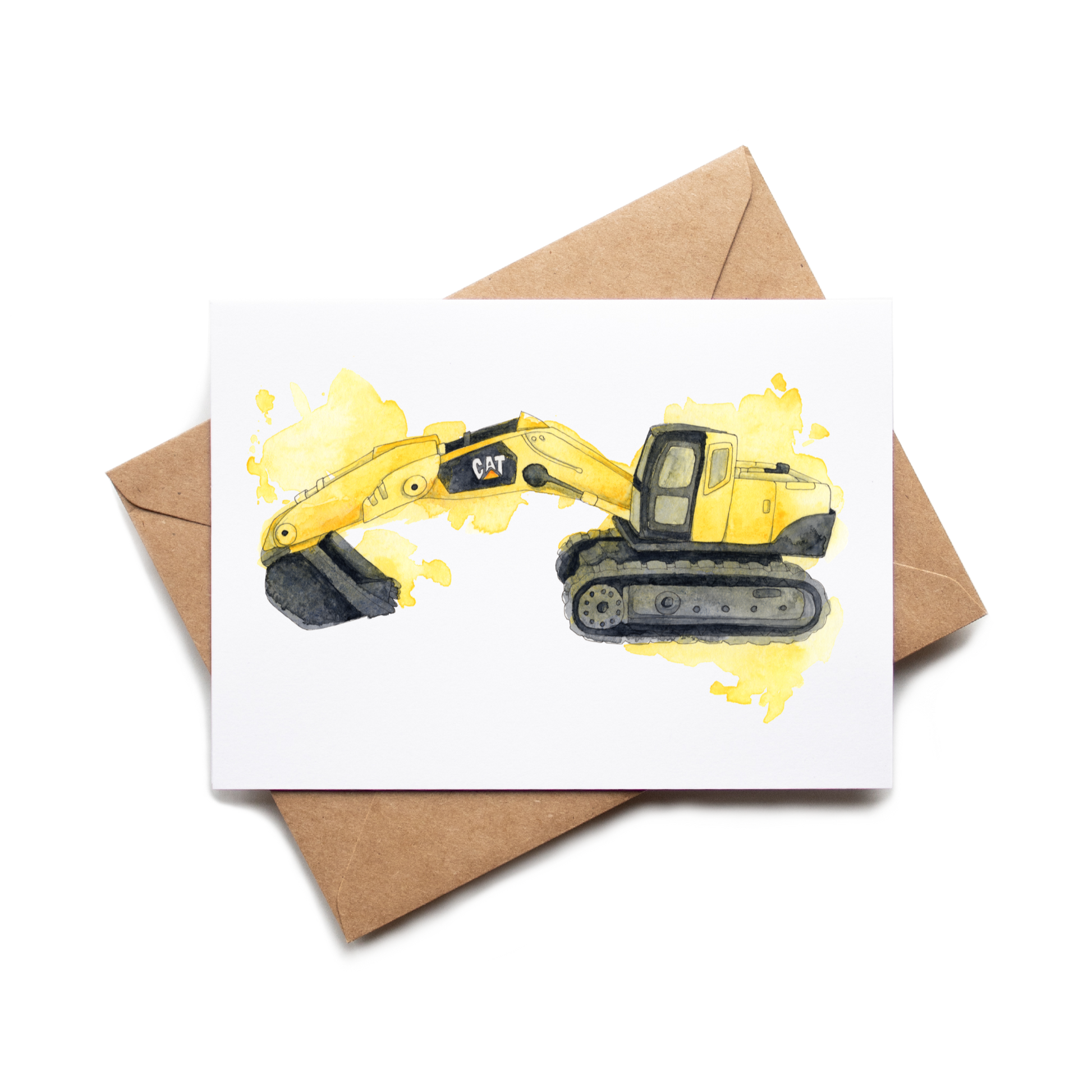 Card with a yellow excavator illustration on a white background