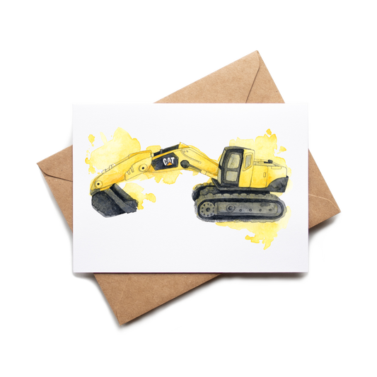 Card with a yellow excavator illustration on a white background