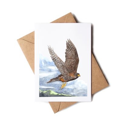 Greeting card with a falcon illustration on a white background with a brown envelope.