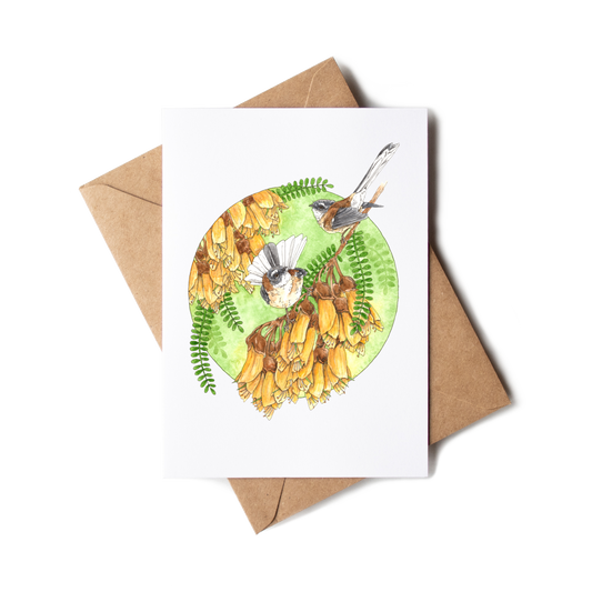 Greeting card with nature-themed design and envelope on a white background