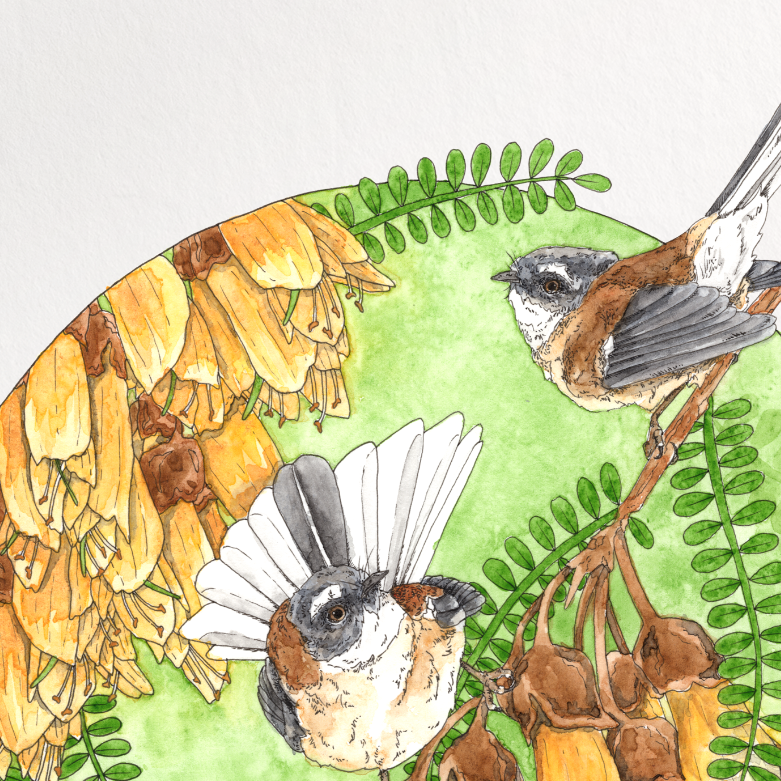 Illustration of birds perched on a branch with flowers on a white background