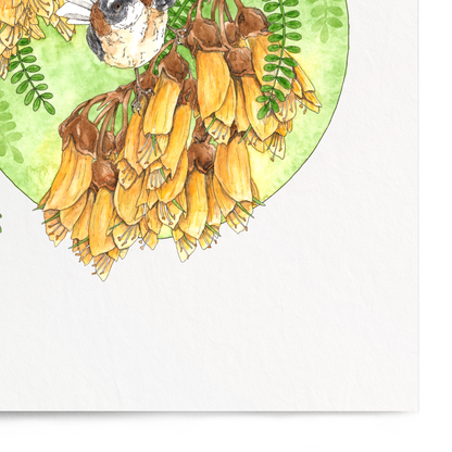 Illustration of birds perched on a branch with flowers on a white background