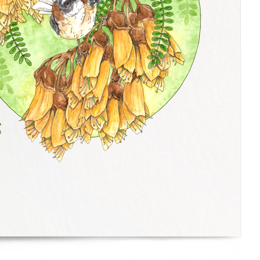 Illustration of birds perched on a branch with flowers on a white background