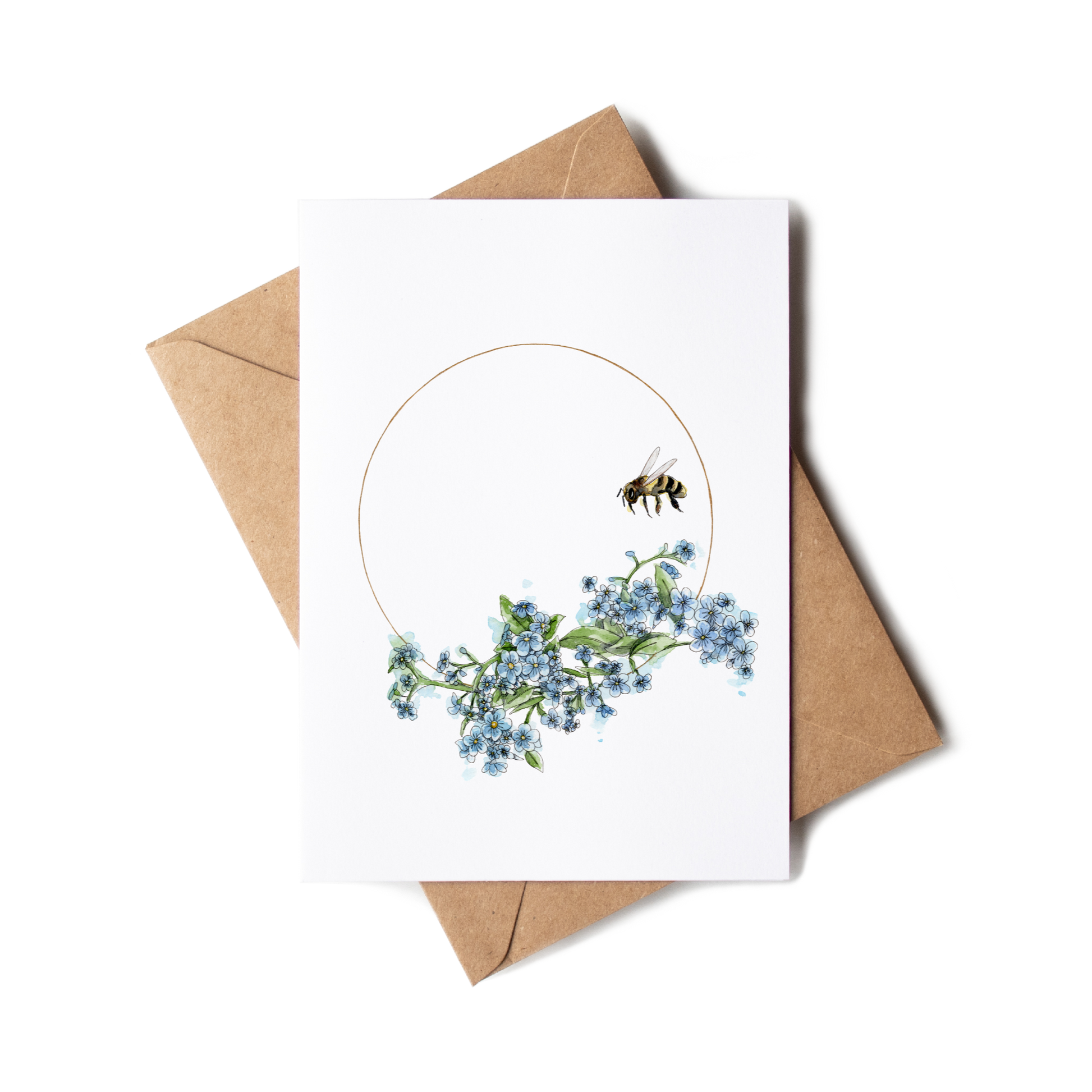 Greeting card with floral design and bee illustration on a white background