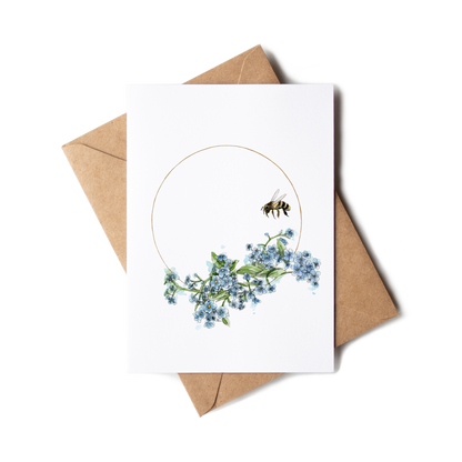 Greeting card with floral design and bee illustration on a white background