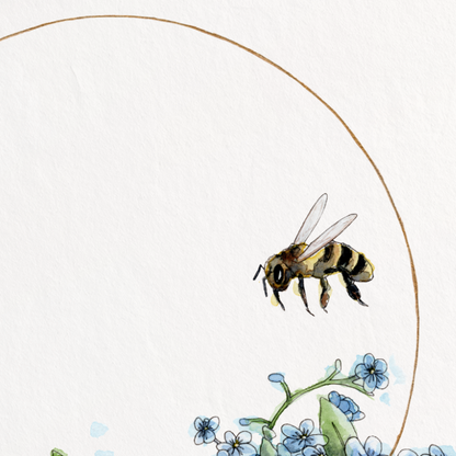 Framed artwork of a bee and flowers on a white background