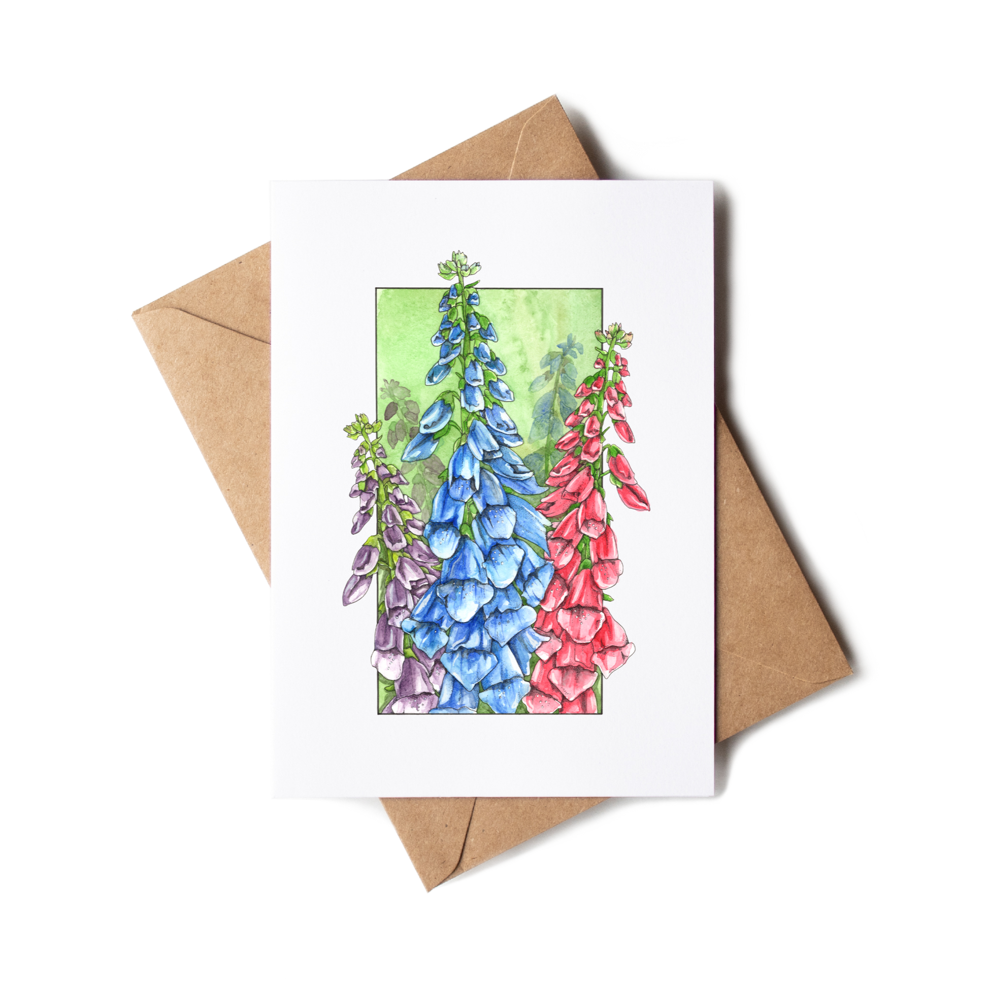 Greeting card with floral design and brown envelope on white background