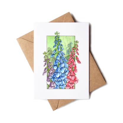 Greeting card with floral design and brown envelope on white background