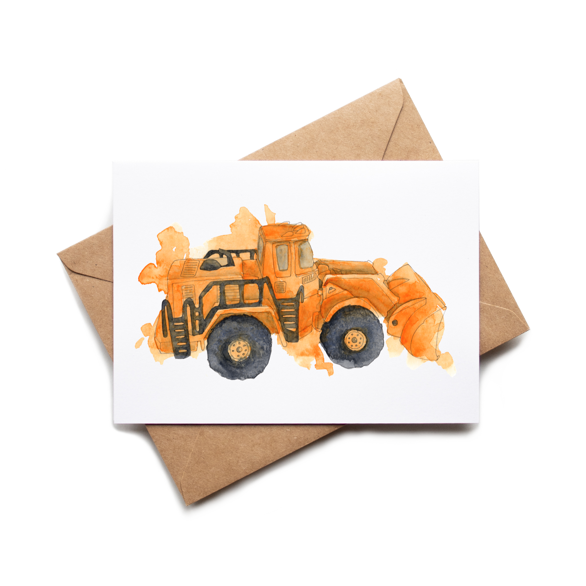Card with a watercolor illustration of a bulldozer on a white background with a brown envelope.