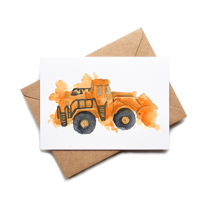 Card with a watercolor illustration of a bulldozer on a white background with a brown envelope.