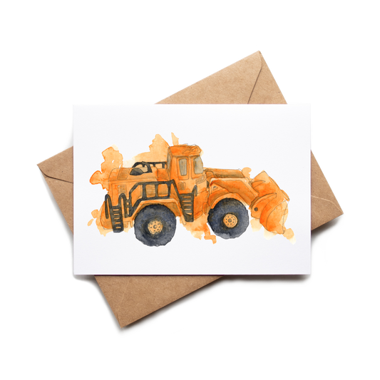 Card with a watercolor illustration of a bulldozer on a white background with a brown envelope.