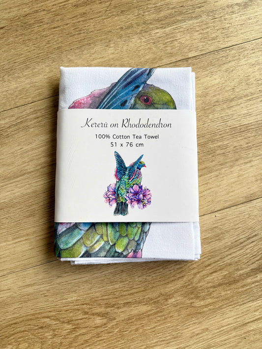 Kererū on Rhododendron Tea Towel