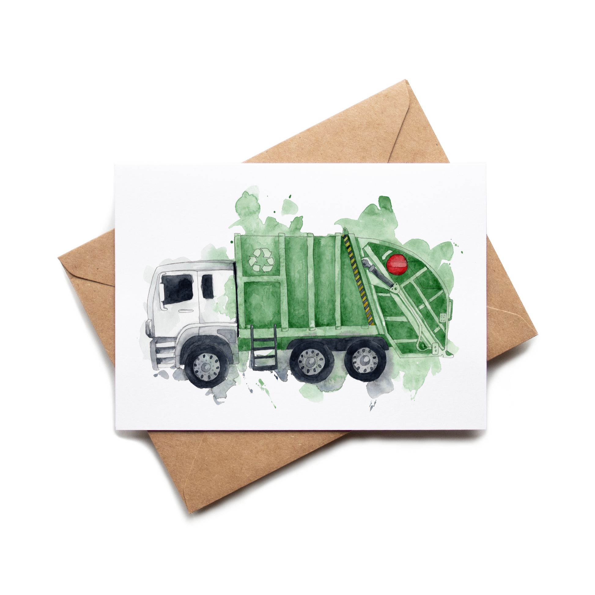 Card with a green garbage truck illustration on a white background
