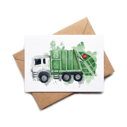 Card with a green garbage truck illustration on a white background