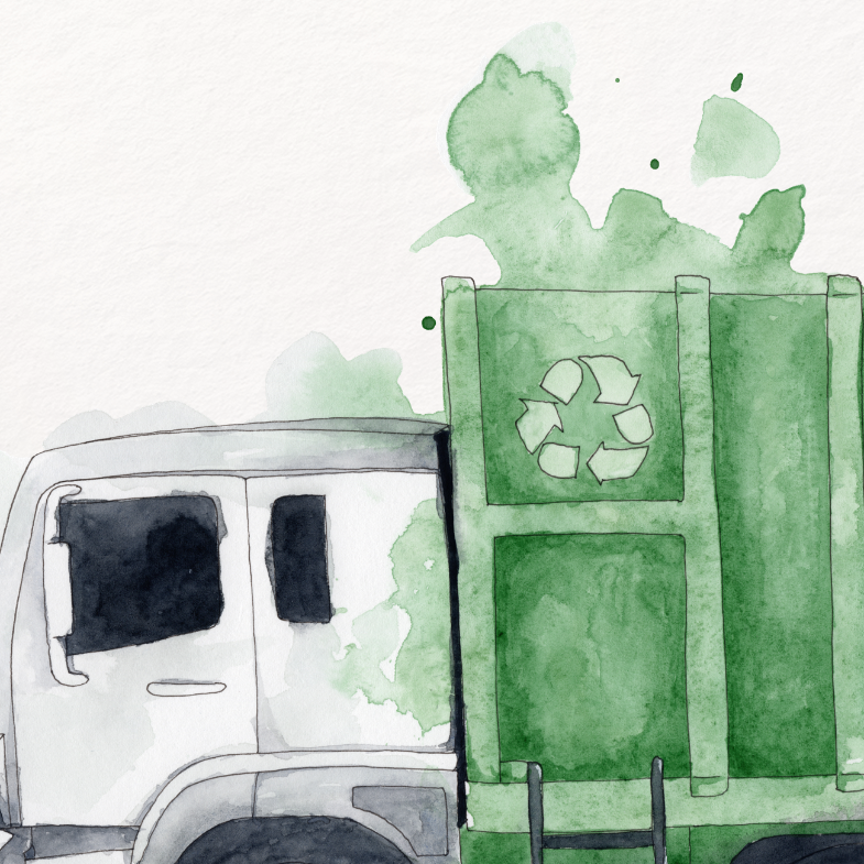 Illustration of a green garbage truck on a white background
