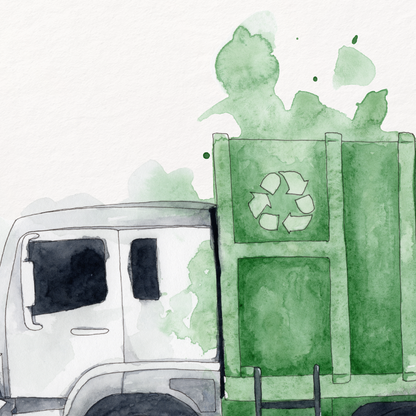 Illustration of a green garbage truck on a white background