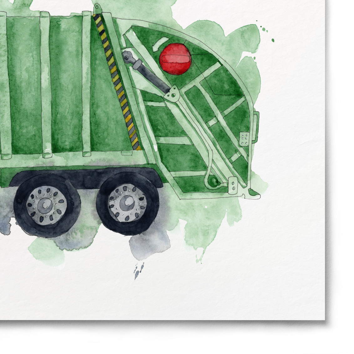 Illustration of a green garbage truck on a white background