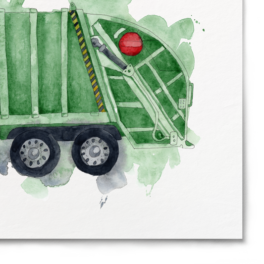 Illustration of a green garbage truck on a white background